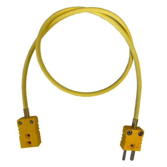 Yellow thermocouple patch/extension lead, 2.5m long, featuring two yellow connectors with screws for secure attachment, designed for AIM Motorsport applications.