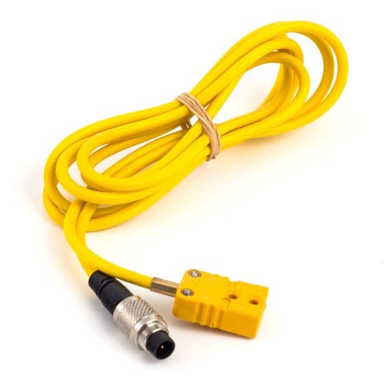 Yellow thermocouple patch lead with a metal binder plug, featuring a 3-pin connector and a 2-meter length, designed for motorsport applications.