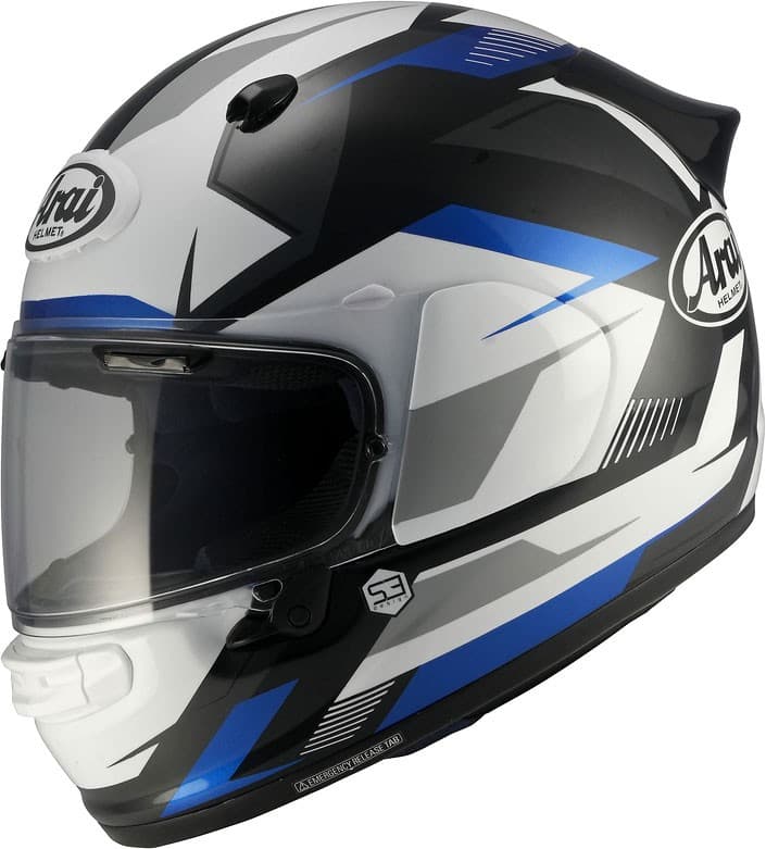 Arai Quantic Supra Helmet in black, white, and red, featuring a sleek aerodynamic design, clear visor, and size XL for men, ideal for motorcycle enthusiasts.
