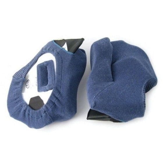 Replacement cheek pads for Arai SK-6 helmet, featuring a soft blue fabric exterior and a contoured design for comfort, measuring 20mm in thickness.