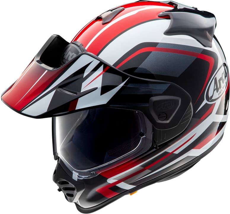 Arai Tour-X5 Discovery adventure helmet in black, white, and red, featuring a sleek design, removable visor, and ventilation ports, size L.