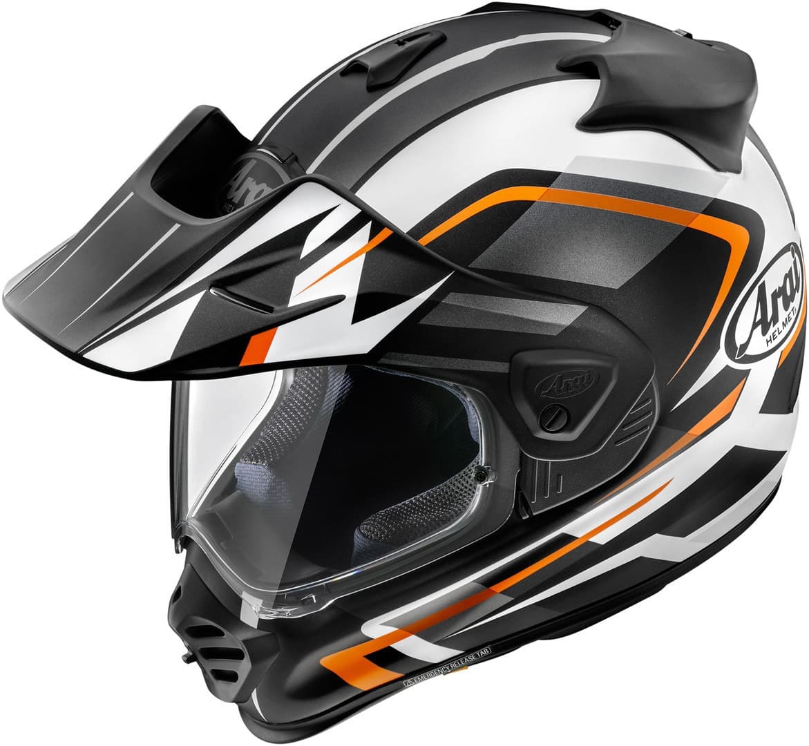 Arai Tour-X5 Discovery adventure helmet in matte black, white, and orange, featuring a visor, aerodynamic design, and a size medium.