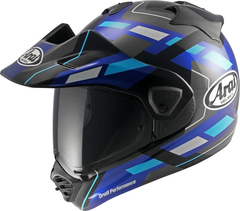 Arai Tour-X5 Match adventure helmet in black, grey, blue, and light blue, featuring a sleek design, visor, and ventilation ports, size S.