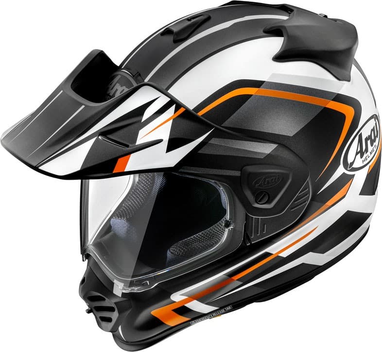 Arai Tour-X5 Discovery adventure helmet in matte black, white, and orange, featuring a distinctive design, visor, and peak, sized small.