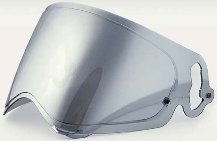 Mirrored, dark gray shield for Arai VAS-a MAX-V helmet, featuring a curved design and cutout for easy attachment.