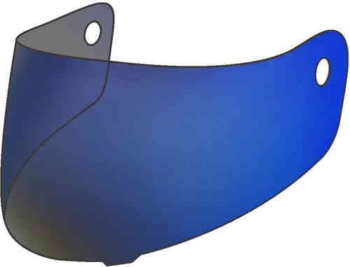 Arai VAS-V visor in mirror blue with a sleek, curved design, featuring two mounting holes, compatible with RX-7V, Renegade V, Chaser X, Profile V, and Rapide helmets.