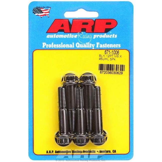 Black 12-point chromoly steel bolts in a pack of five, measuring 8 x 1.25 x 45 mm, displayed on a blue card with the ARP logo and product details.