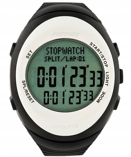 Black and white digital sports watch featuring a large green display, stopwatch function, and buttons for setting, starting, and light, designed for racing enthusiasts.