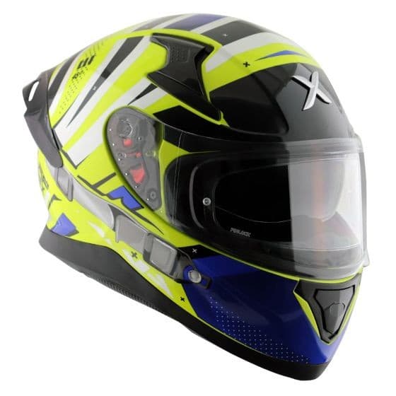 Axor Apex Graphic Motorcycle Helmet in blue and yellow, featuring a sleek aerodynamic design, clear visor, and bold graphics, sized 2X-Large (63-64cm).