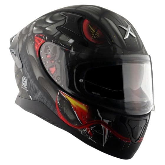 Black and grey graphic motorcycle helmet with a sleek design, featuring a glossy finish, visor, and bold red accents, suitable for sizes large (59-60cm).