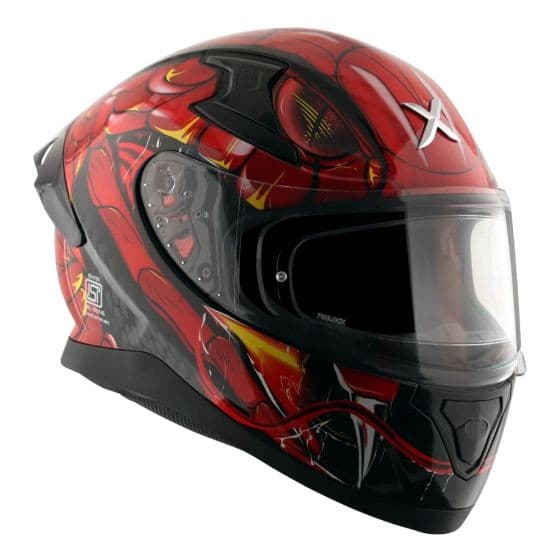 Black and red AXOR Apex Graphic Motorcycle Helmet, featuring a glossy finish, intricate spider-themed graphics, a clear visor, and ventilation ports, sized small (55-56cm).