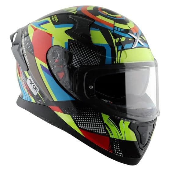 Black and yellow Axor Apex Graphic Motorcycle Helmet in size small (55-56cm) featuring a vibrant geometric design, a clear visor, and ventilation ports.