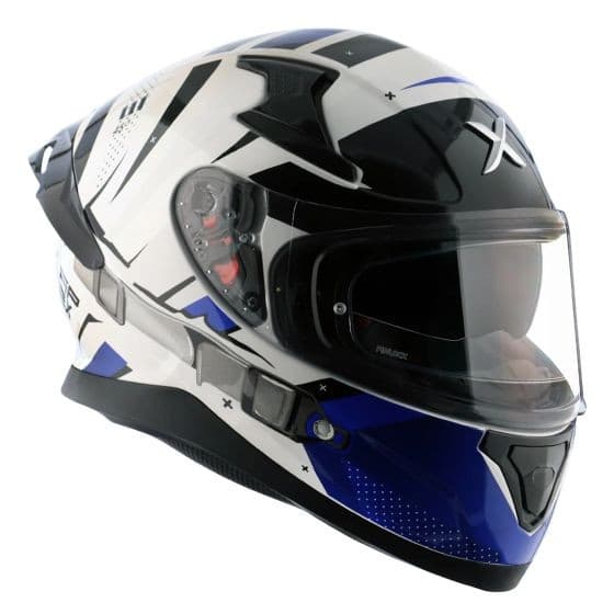 Blue and white AXOR Apex Graphic Motorcycle Helmet in size small (55-56cm) features a sleek design, aerodynamic shape, and a clear visor for visibility.