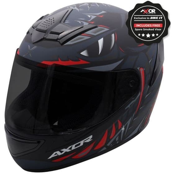 Black, grey, and red graphic motorcycle helmet with a sleek design, featuring a tinted visor, ventilation slots, and a bold, aggressive pattern, size large (59-60cm).
