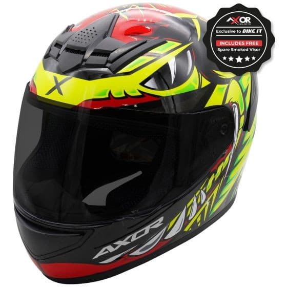 Black, red, and yellow Axor Rage Graphic Motorcycle Helmet in medium size (57-58cm), featuring a sleek design, tinted visor, and vibrant graphic detailing.