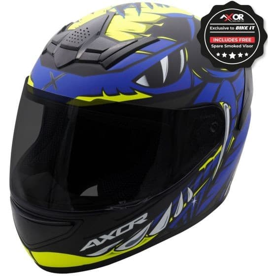 Axor Rage Graphic Motorcycle Helmet in X-Large features a vibrant black, blue, and yellow design with a sleek visor and ventilation ports, ideal for safety and style.