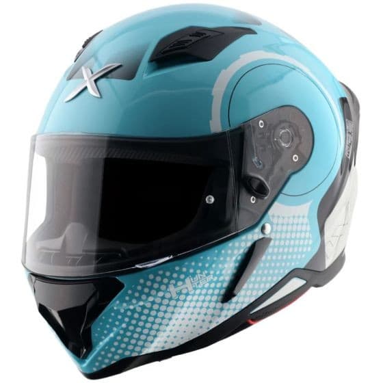 Axor SH890 Hunter Graphic Motorcycle Helmet in blue and white, featuring a sleek design, tinted visor, and ventilation ports, suitable for medium sizes (57-58cm).