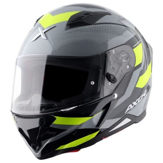 Black and yellow Axor SH890 Hunter Graphic Motorcycle Helmet, size small (55-56cm), featuring a sleek design, tinted visor, and ventilation ports.