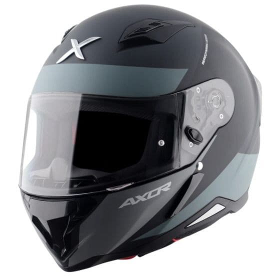 Black and grey Axor SH890 Hunter Graphic Motorcycle Helmet in X-Large size, featuring a sleek design, clear visor, and ventilation ports for comfort.