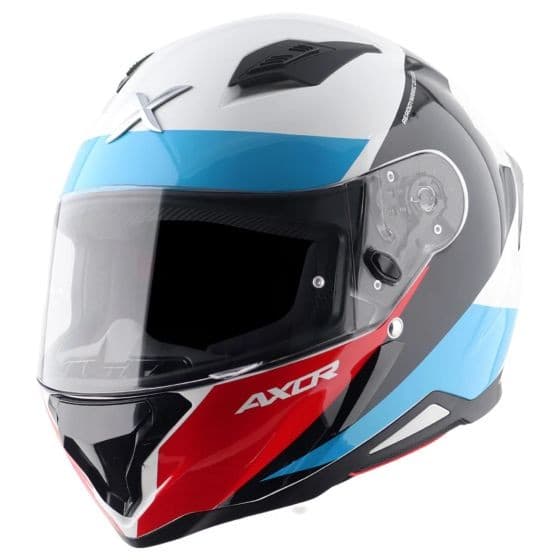 Red and white Axor SH890 Hunter Graphic Motorcycle Helmet in X-Large size, featuring a glossy finish, aerodynamic design, and a clear visor, with blue accents and logo.