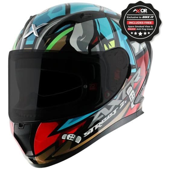 Black and blue graphic motorcycle helmet with a sleek design, featuring a tinted visor, ventilation ports, and AXOR branding, suitable for medium sizes (57-58cm).