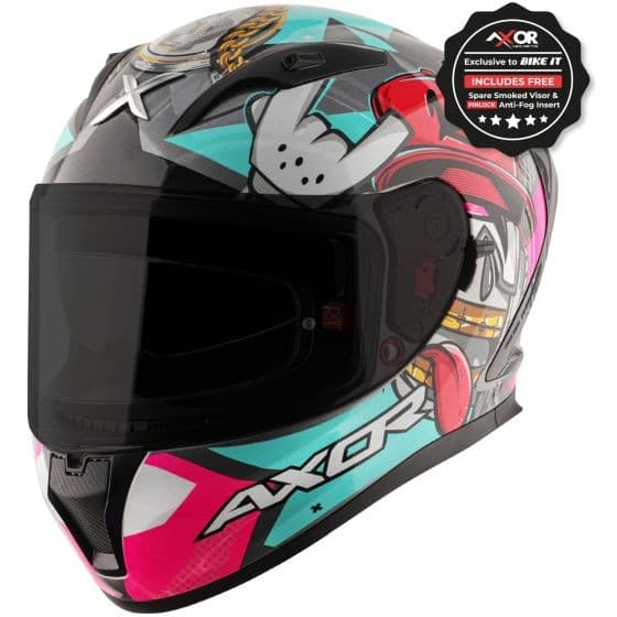 Axor Street Graphic Motorcycle Helmet in blue and grey features a vibrant graphic design, a tinted visor, and a medium size (57-58cm), with a free anti-fog insert included.