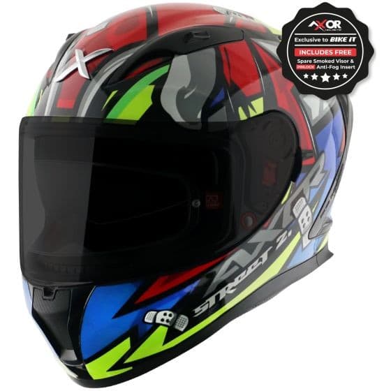Black and red AXOR Street Graphic Motorcycle Helmet in size Small (55-56cm) featuring a vibrant graphic design, visor, and anti-fog insert.