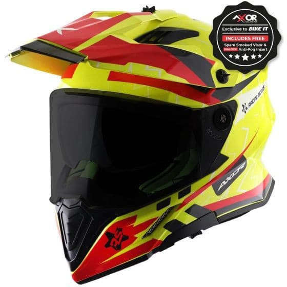 Red and yellow Axor X-Cross Graphic Motorcycle Helmet in 2X-Large size, featuring a sleek design, visor, and a sporty look, made for durability and safety.