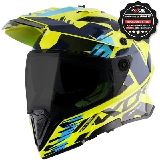 Blue and yellow AXOR X-Cross Graphic Motorcycle Helmet in size small (55-56cm), featuring a sleek design, smoked visor, and a durable exterior with a modern graphic pattern.