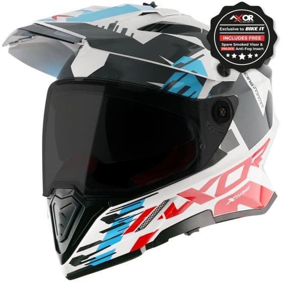 Red and white AXOR X-Cross Graphic Motorcycle Helmet, size small (55-56cm), featuring a sleek design, smoked visor, and bold graphic patterns.