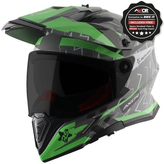 Green and grey AXOR X-Cross Graphic Motorcycle Helmet in X-Large size, featuring a sleek design, a smoked visor, and an anti-fog insert.