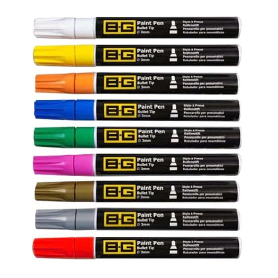 B-G Racing Bullet Tip Tyre Paint Marker Pen set featuring ten markers in various colors, including a pink marker, with a bullet tip for precise application.