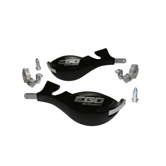 Black BarkBusters EGO Handguard Kit featuring two tapered mounts, includes aluminum mounting hardware and sleek, durable plastic handguards with logo.