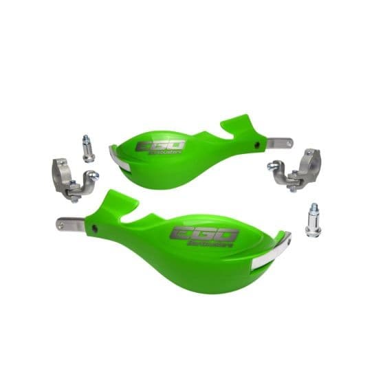 Bright green BarkBusters EGO handguard kit featuring a two-point tapered mount, with aluminum mounts and hardware included for easy installation.