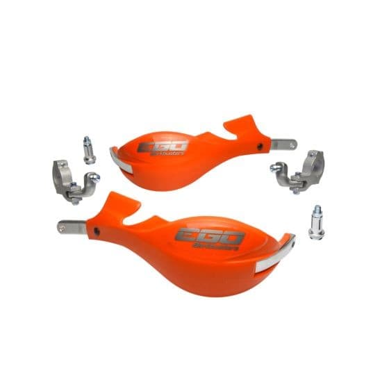 Bright orange BarkBusters EGO handguard kit featuring two tapered mounts, made from durable plastic with metal mounting hardware, designed for motorcycle protection.