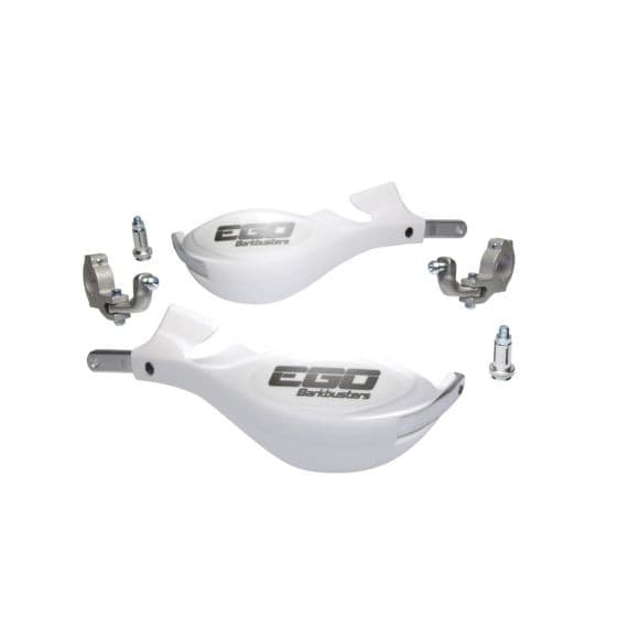 White BarkBusters EGO Handguard Kit featuring a two-point tapered mount, with silver mounting hardware and the "EGO" logo prominently displayed on each handguard.