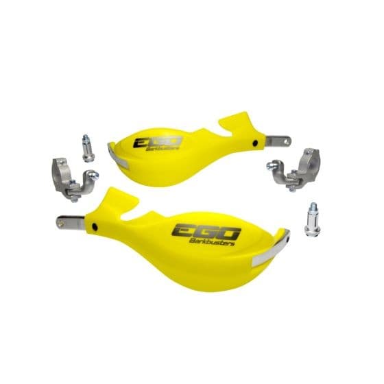 Bright yellow BarkBusters EGO handguard kit featuring a two-point tapered mount, with metal brackets and bolts included for easy installation.