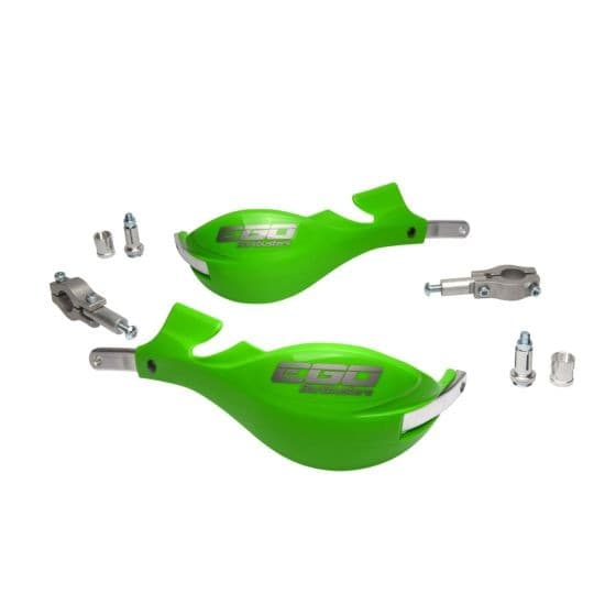 Bright green BarkBusters EGO handguards with a sleek design, featuring a two-point mount system, made of durable plastic, accompanied by mounting hardware.