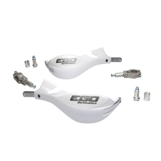 BarkBusters EGO handguards in white with a sleek design, featuring a straight two-point mount and accompanying hardware for installation.