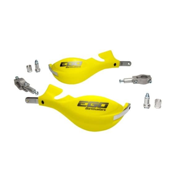 Bright yellow BarkBusters EGO handguards with a sleek design, featuring a two-point mount system, metal brackets, and the "EGO" logo prominently displayed.