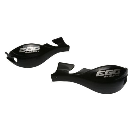 Black plastic handguards with a sleek design, featuring the "EGO" logo and a glossy finish, ideal for motorcycle protection.