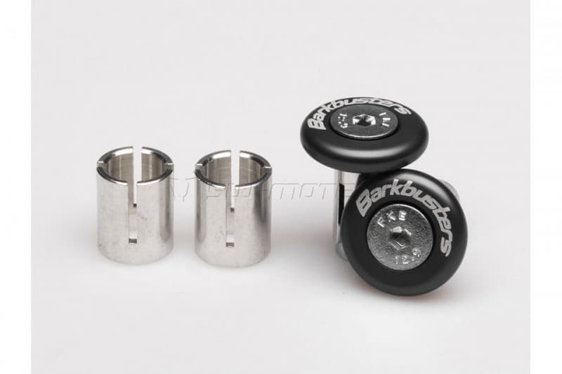 Anodized black Barkbusters accessory bar end plug set, featuring two silver metal sleeves and two black rubber end plugs with "Barkbusters" logo.