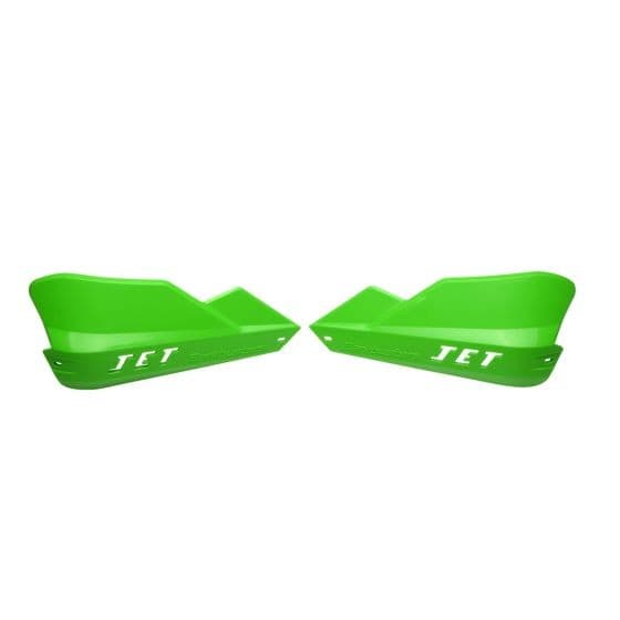 Bright green BarkBusters JET handguards made from durable plastic, featuring a sleek design and the word "JET" prominently displayed in white.