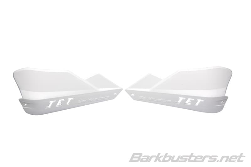 White BarkBusters JET Handguards made of durable plastic, featuring a sleek design with a raised edge for protection and the "JET" logo prominently displayed.