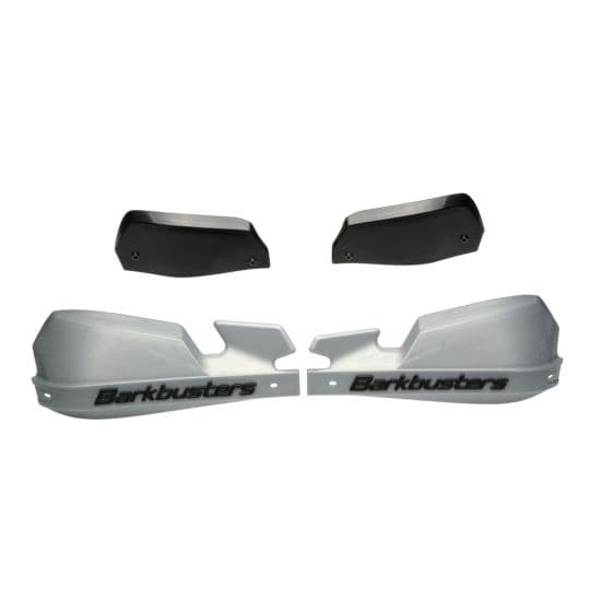 Silver plastic handguards with a sleek design, featuring the "BarkBusters" logo, accompanied by two black mounting pieces for easy installation.