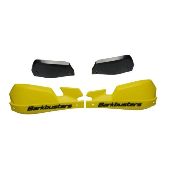 Yellow plastic handguards by BarkBusters, featuring a sleek design with black accents and the brand name prominently displayed in black lettering.