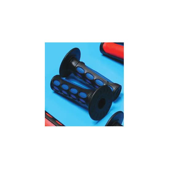 Blue and black two-tone MX grips with a textured surface and perforated design, measuring 20 mm x 25 mm, ideal for enhancing grip on bike handlebars.
