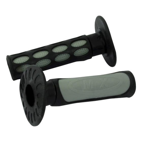 Two-tone grey and black off-road bar grips featuring textured surfaces and perforated sections for enhanced grip and comfort, designed for bikes by Bike-It.