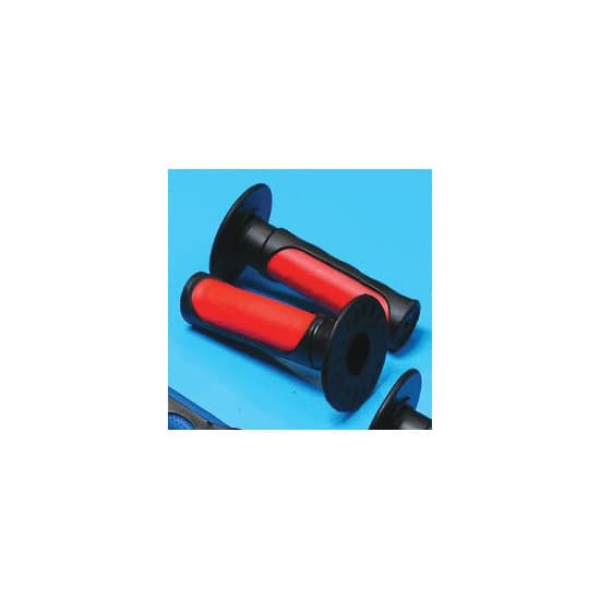 Two-tone MX grips in red and black, made of rubber, featuring a textured surface for improved grip, designed for a 20 mm x 25 mm handlebar fit.