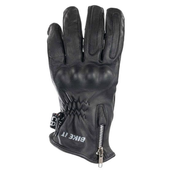 Black leather gloves with a textured palm, padded knuckles, and a zippered wrist closure, featuring the "Bike It" logo on the cuff.